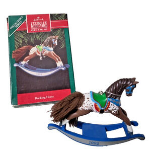 1992 Hallmark Keepsake Rocking Horse Christmas Ornament 12th Blue Lace Cover